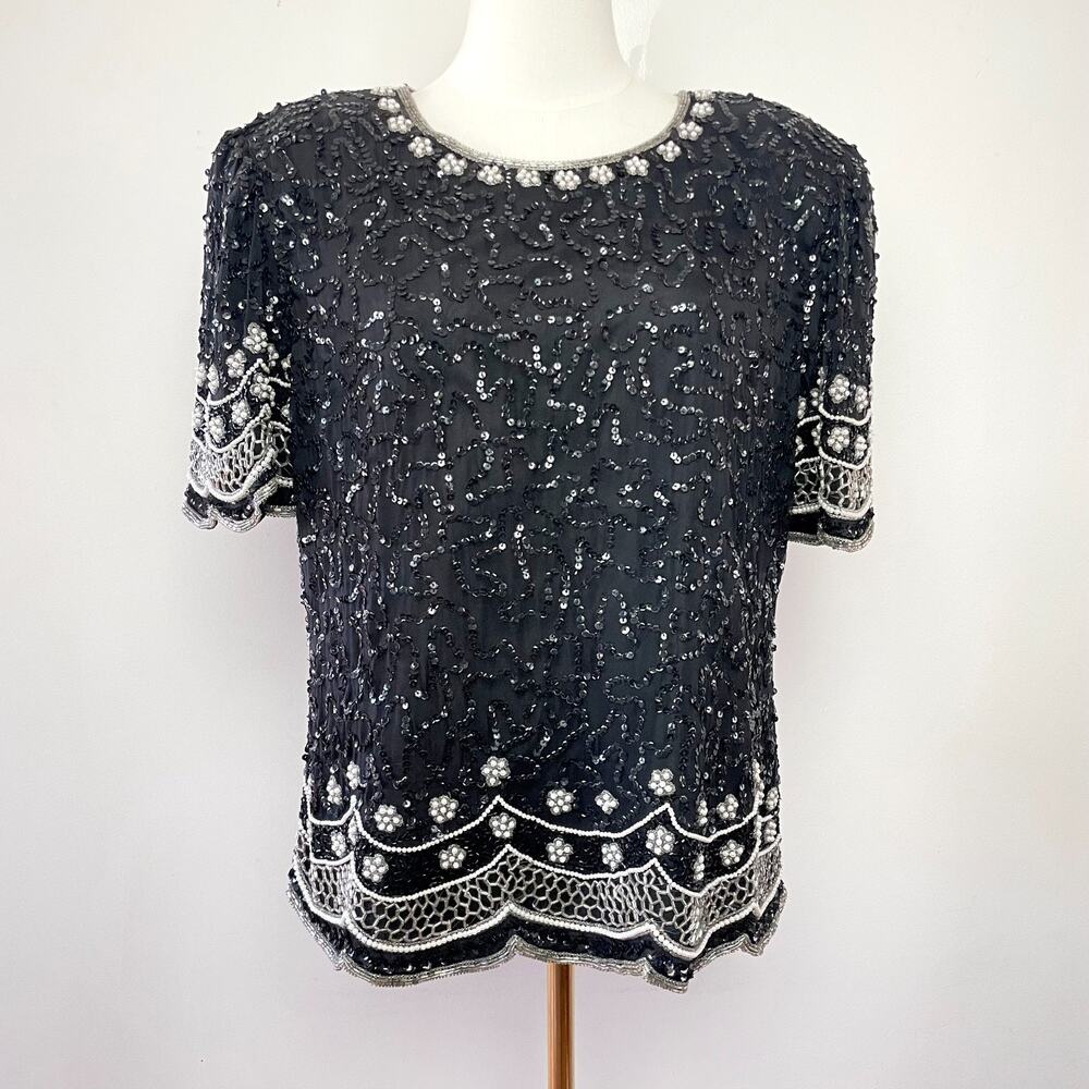 Vintage 80s 90s Laurence Kazar Silk Beaded Sequin Holiday Party NYE Top L/XL